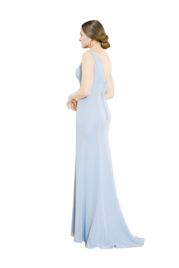Low Back Light Sky Blue Soft Chiffon Boat Neck Long Sleeveless Bridesmaid Dress Norwich