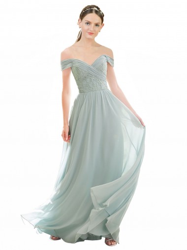 Sea Glass Soft Chiffon & Lace Off the Shoulder Long Cap Sleeves Bridesmaid Dress Norwich