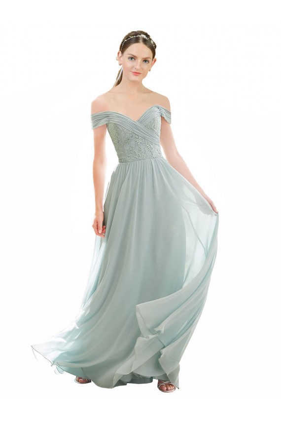 Sea Glass Soft Chiffon & Lace Off the Shoulder Long Cap Sleeves Bridesmaid Dress Norwich