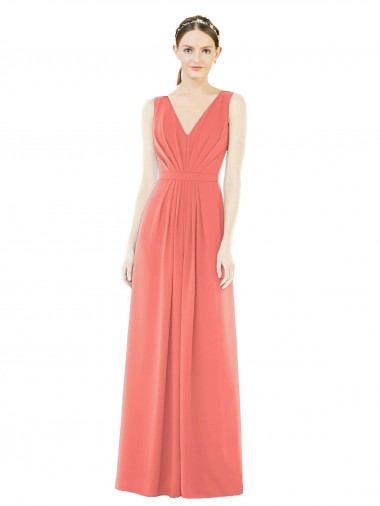 V-Back Coral Soft Chiffon V-Neck Long Sleeveless Bridesmaid Dress Norwich