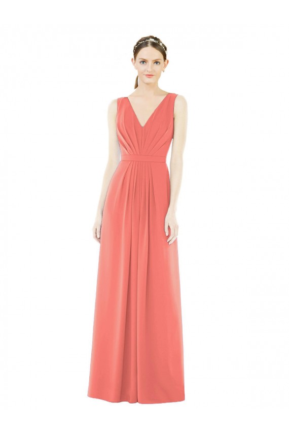 V-Back Coral Soft Chiffon V-Neck Long Sleeveless Bridesmaid Dress Norwich