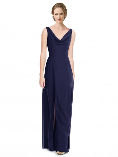 V-Back Dark Navy Soft Chiffon Cowl Neck Long Sleeveless Bridesmaid Dress Norwich