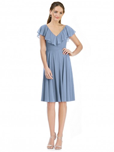 V-Back Soft Chiffon V-Neck Cocktail Length Cap Sleeves Bridesmaid Dress Norwich
