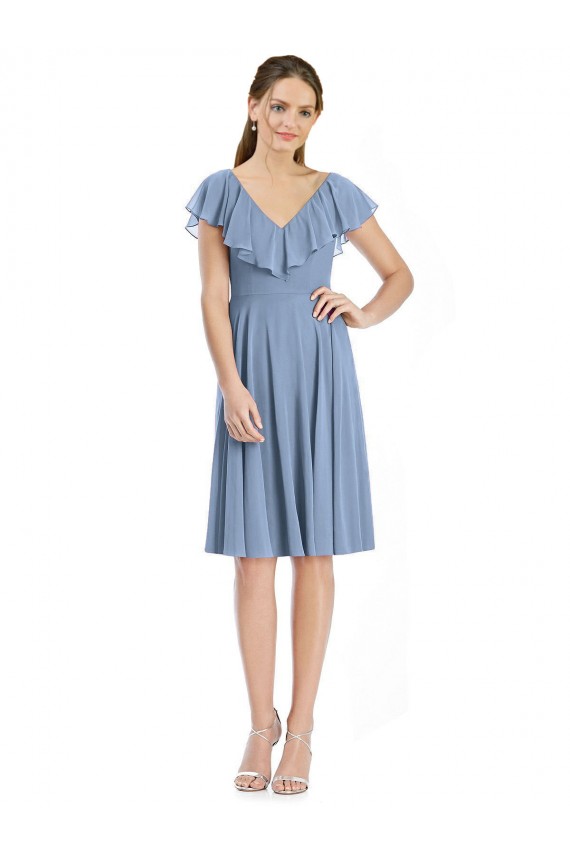 V-Back Soft Chiffon V-Neck Cocktail Length Cap Sleeves Bridesmaid Dress Norwich