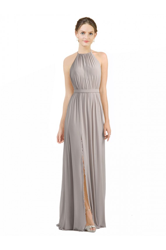 Low Back Oyster Silver Soft Chiffon Halter Neck Long Sleeveless Bridesmaid Dress Norwich