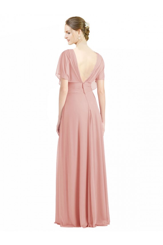 V-Back Soft Chiffon V-Neck Short Sleeves Long Bridesmaid Dress / Formal Dress Norwich