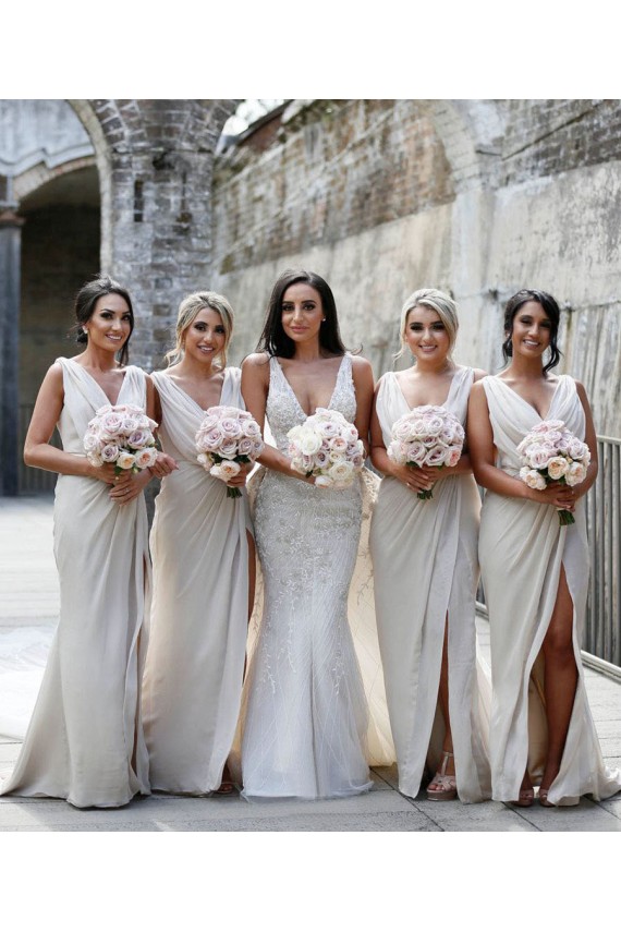 Low Back Soft Chiffon V-Neck Long Sleeveless Bridesmaid Dress Norwich