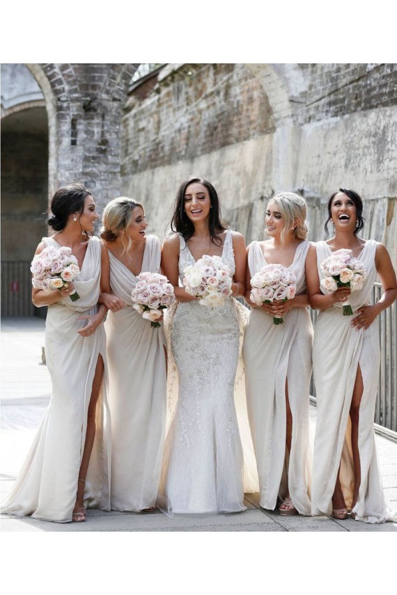 Low Back Soft Chiffon V-Neck Long Sleeveless Bridesmaid Dress Norwich