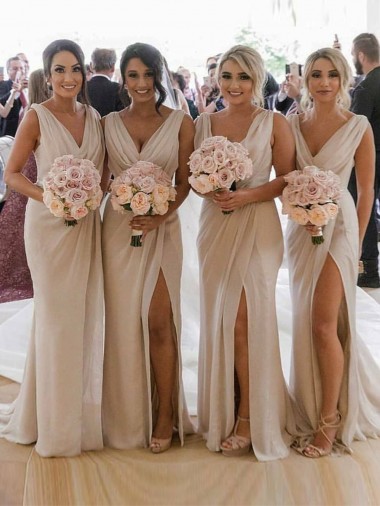 Low Back Soft Chiffon V-Neck Long Sleeveless Bridesmaid Dress Norwich