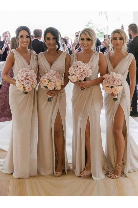Low Back Soft Chiffon V-Neck Long Sleeveless Bridesmaid Dress Norwich