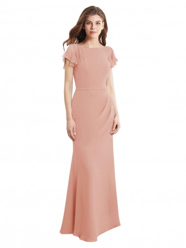 Low Back Soft Chiffon Boat Neck Long Sleeveless Prom Dress / Bridesmaid Dress Norwich