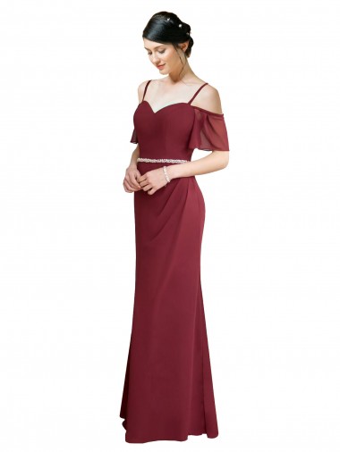 Low Back Burgundy Soft Chiffon Spaghetti Straps Long Cold Shoulder Bridesmaid Dress Norwich