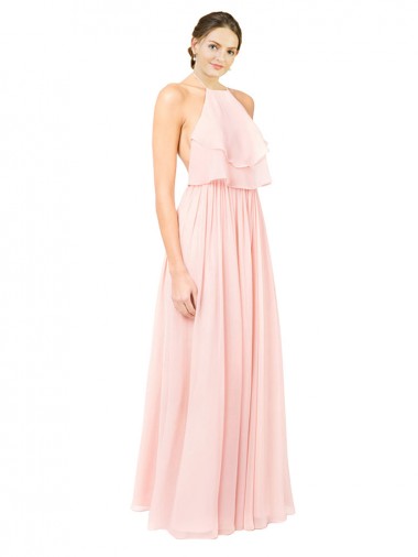 Open Back Pink Soft Chiffon Halter Neck Long Sleeveless Formal Dress / Bridesmaid Dress Norwich