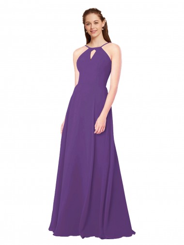 Plum Purple Soft Chiffon High Neck Long Sleeveless Bridesmaid Dress Norwich