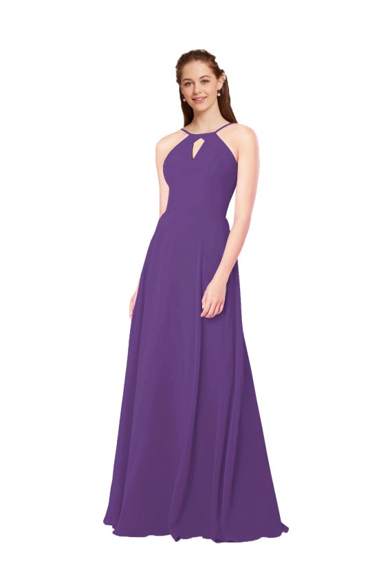 Plum Purple Soft Chiffon High Neck Long Sleeveless Bridesmaid Dress Norwich