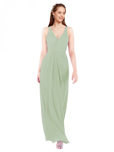 Keyhole Back Smoke Green Soft Chiffon V-Neck Long Sleeveless Bridesmaid Dress Norwich