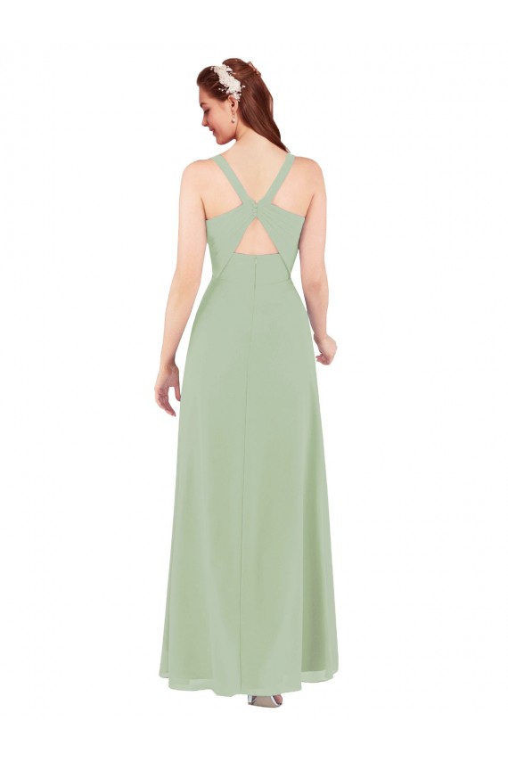 Keyhole Back Smoke Green Soft Chiffon V-Neck Long Sleeveless Bridesmaid Dress Norwich