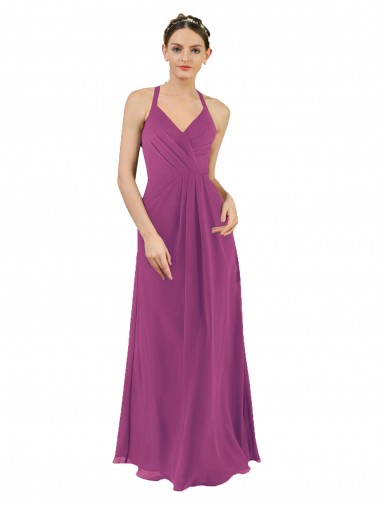 Keyhole Back Wild Berry Soft Chiffon V-Neck Long Sleeveless Bridesmaid Dress Norwich