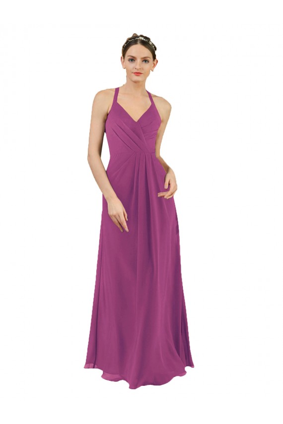 Keyhole Back Wild Berry Soft Chiffon V-Neck Long Sleeveless Bridesmaid Dress Norwich