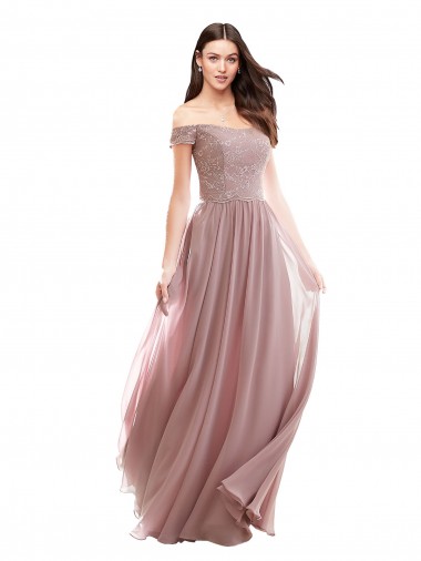 Pink Soft Chiffon & Lace Off the Shoulder Long Cap Sleeves Bridesmaid Dress Norwich