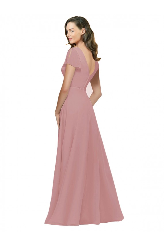 V-Back Dusty Pink Chiffon V-Neck Long Flutter Sleeves Bridesmaid Dress / Evening Dress Norwich