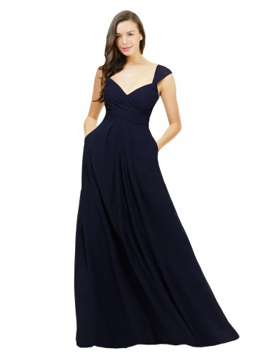 Dark Navy Chiffon Sweetheart Long Sleeveless Bridesmaid Gowns Norwich