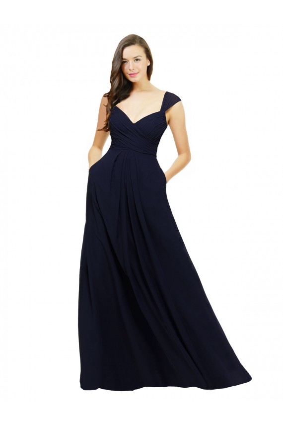 Dark Navy Chiffon Sweetheart Long Sleeveless Bridesmaid Gowns Norwich