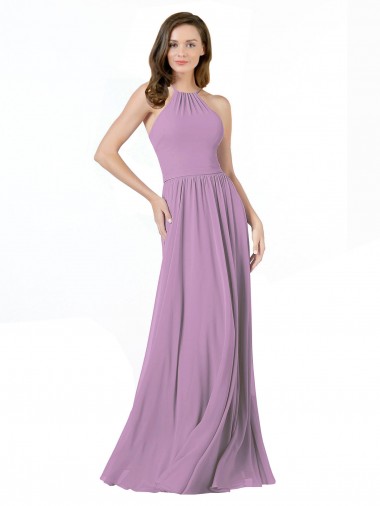 Dark Lavender Soft Chiffon Halter Neck Long Sleeveless Bridesmaid Dress Norwich
