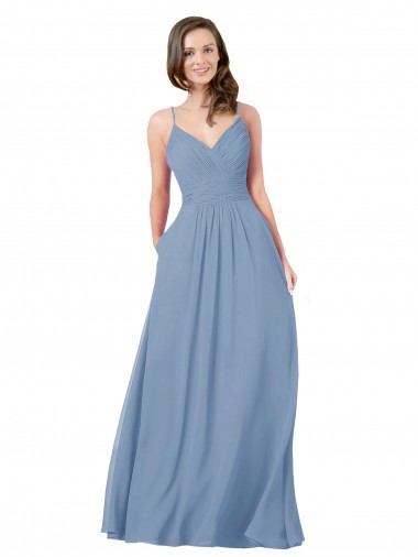 Open Back Dusty Blue Chiffon V-Neck Long Sleeveless Bridesmaid Dress / Evening Dress Norwich