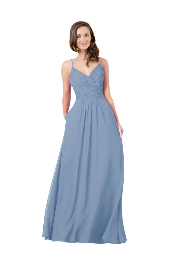 Open Back Dusty Blue Chiffon V-Neck Long Sleeveless Bridesmaid Dress / Evening Dress Norwich