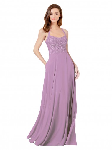 Dark Lavender Soft Chiffon & Lace Spaghetti Straps Long Sleeveless Bridesmaid Dress Norwich