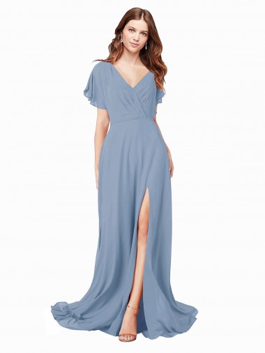 Soft Chiffon V-Neck Long Cap Sleeves Black Tie Prom Dress / Bridesmaid Dress Norwich