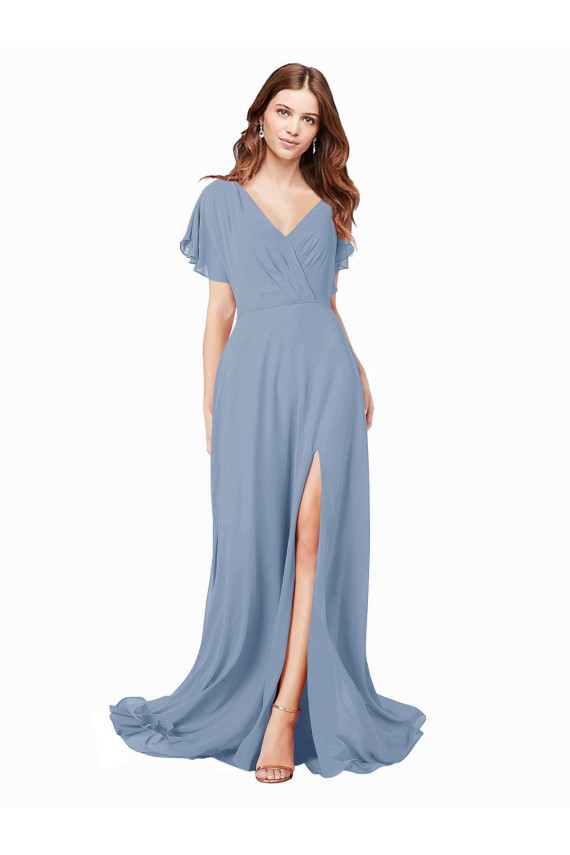 Soft Chiffon V-Neck Long Cap Sleeves Black Tie Prom Dress / Bridesmaid Dress Norwich
