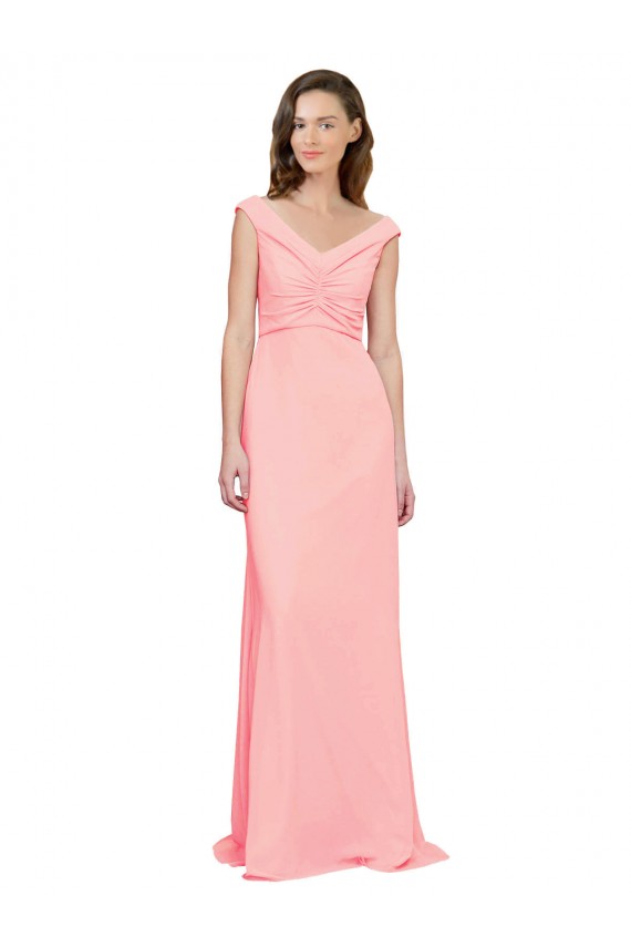 Salmon Soft Chiffon V-Neck Long Sleeveless Bridesmaid Dress Norwich