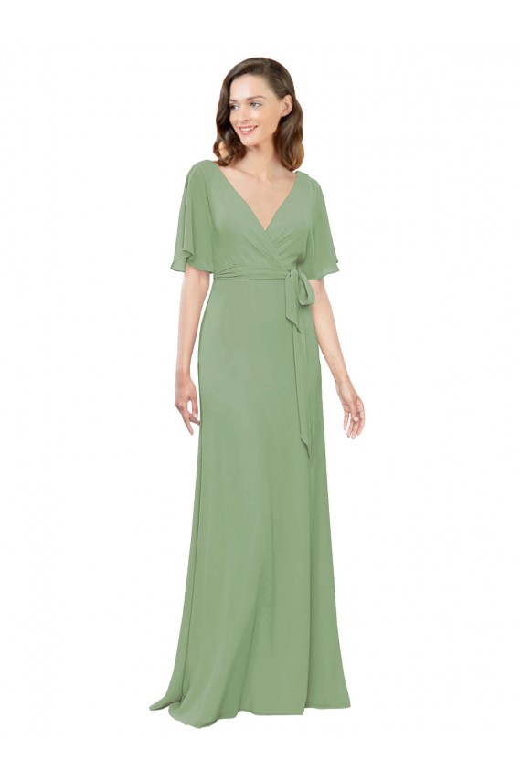 Soft Chiffon V-Neck Long Short Flutter Sleeves Bridesmaid Dress Norwich