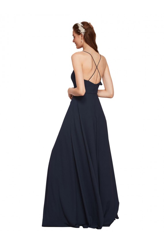 Open Back Dark Navy Soft Chiffon Spaghetti Straps Long Sleeveless Bridesmaid Dresses Norwich
