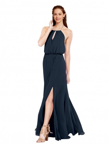 Open Back Dark Navy Chiffon Halter Neck Long Sleeveless Bridesmaid Dress / Evening Dress Norwich