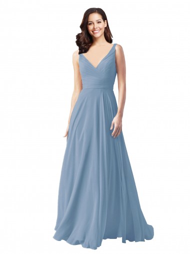 Dusty Blue Chiffon V-Neck Long Sleeveless Wedding Party Dress Norwich