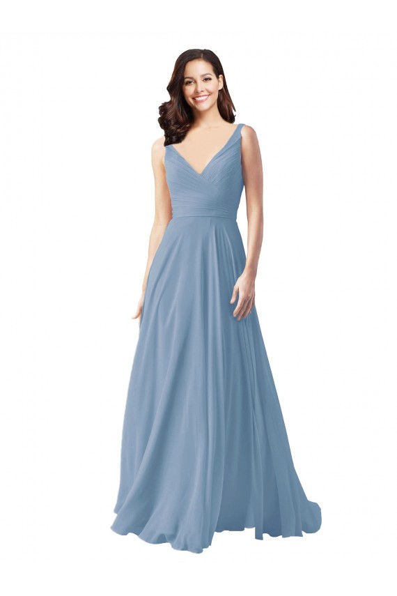 Dusty Blue Chiffon V-Neck Long Sleeveless Wedding Party Dress Norwich