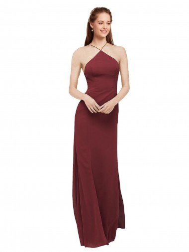 Open Back Burgundy Soft Chiffon Halter Neck Long Sleeveless Formal Dress / Bridesmaid Dress Norwich