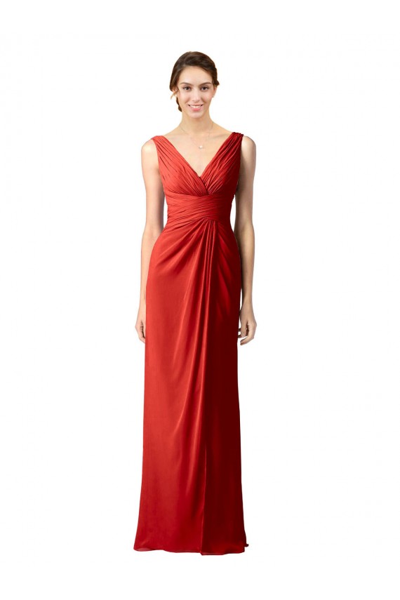 V-Back Red Soft Chiffon V-Neck Long Sleeveless Bridesmaid Dress Norwich
