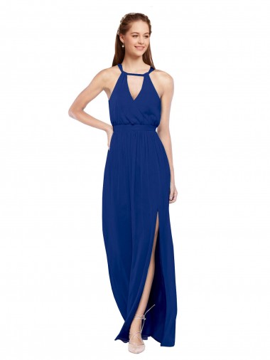 Royal Blue Soft Chiffon High Neck Long Sleeveless Bridesmaid Dress Norwich