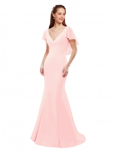 V-Back Pink Soft Chiffon V-Neck Long Flutter Sleeves Bridesmaid Dress Norwich