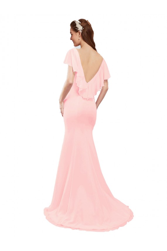 V-Back Pink Soft Chiffon V-Neck Long Flutter Sleeves Bridesmaid Dress Norwich
