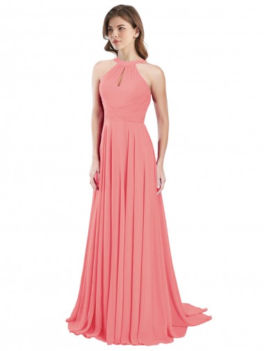 Open Back Watermelon Chiffon Halter Neck Long Sleeveless Bridesmaid Dress / Evening Dress Norwich