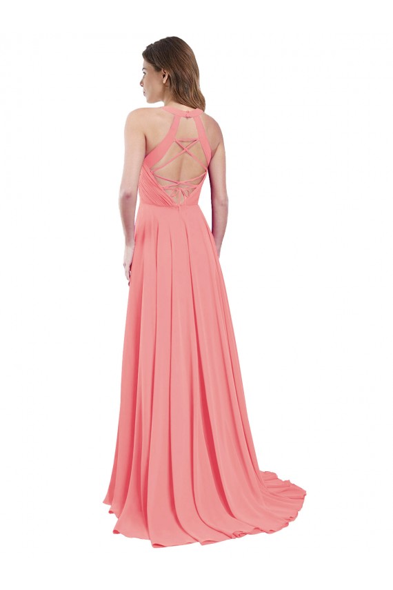 Open Back Watermelon Chiffon Halter Neck Long Sleeveless Bridesmaid Dress / Evening Dress Norwich