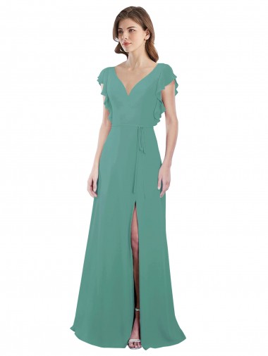 V-Back Icelandic Silver Soft Chiffon V-Neck Long Cap Sleeves Formal Dress / Bridesmaid Dress Norwich