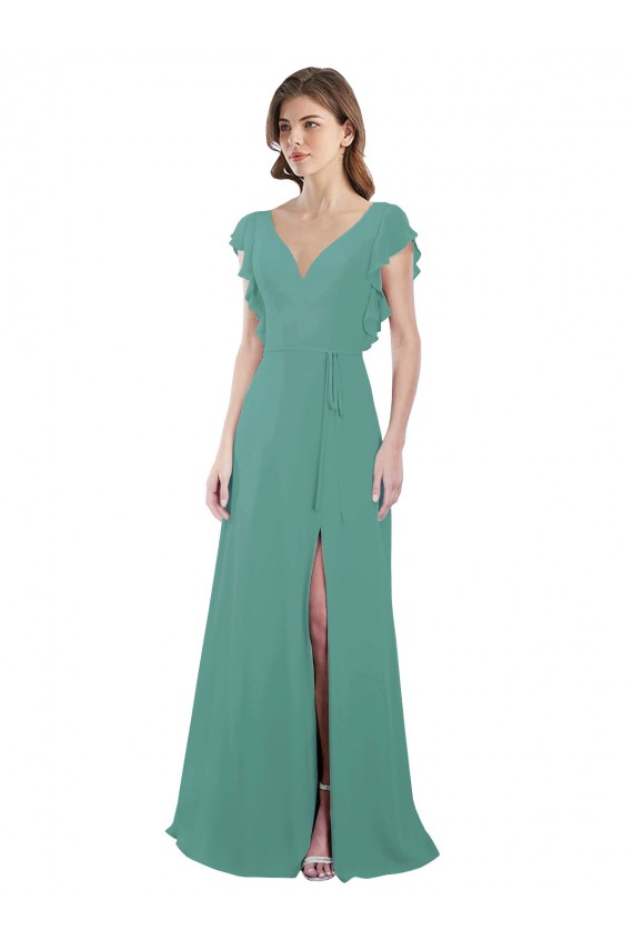 V-Back Icelandic Silver Soft Chiffon V-Neck Long Cap Sleeves Formal Dress / Bridesmaid Dress Norwich
