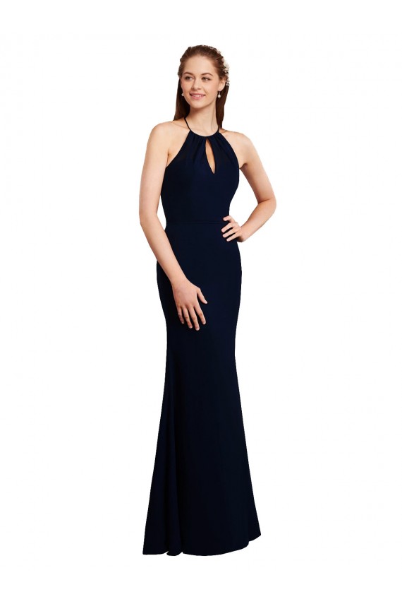 Open Back Dark Navy Soft Chiffon Halter Neck Long Sleeveless Bridesmaid Dress Norwich