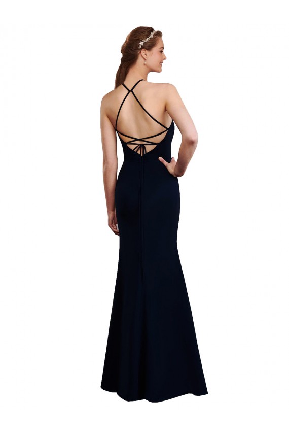 Open Back Dark Navy Soft Chiffon Halter Neck Long Sleeveless Bridesmaid Dress Norwich